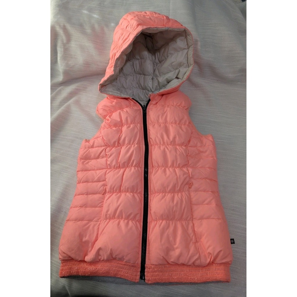 Athleta Girl Reversible Down Puffer Vest XL 14 Hooded Gray Coral Pink Lightweigh